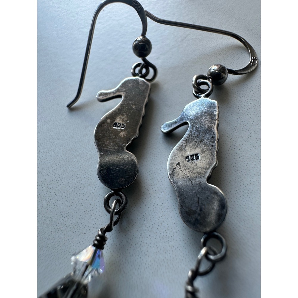 Sterling Silver Seahorse Dangle Earrings Oxidized Crystal Beads 925 Nautical - Picture 4 of 6